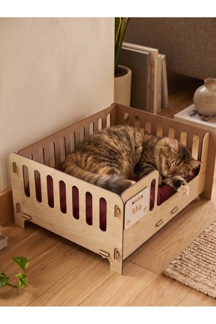 Ahşap Evcil Hayvan Yatağı - Konforlu İsim Baskılı Dekoratif Kedi/Küçük Irk Köpek Yatağı