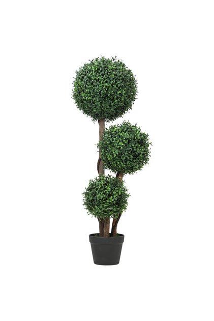 Topiar artificial din cimișir, în formă de glob triplu, plantă artificială cu trunchi de lemn în ghiveci, 30 x 30 x 100 cm, verde