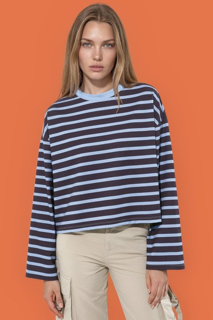 Tricou în Dungi cu Mâneci Lungi și Croială Boxy Fit