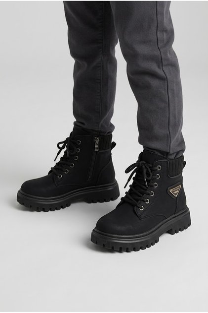 Unisex Çocuk Bağcıklı ve Fermuarlı Siyah Postal Bot - Kaymaz Tırtıklı Tabanlı Günlük Çocuk Botu