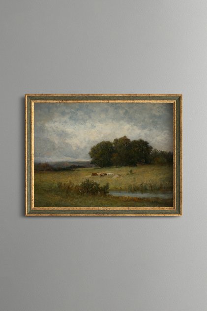 Herds Grazing under a Big Tree - Vintage Patterned Painting - Fine Model