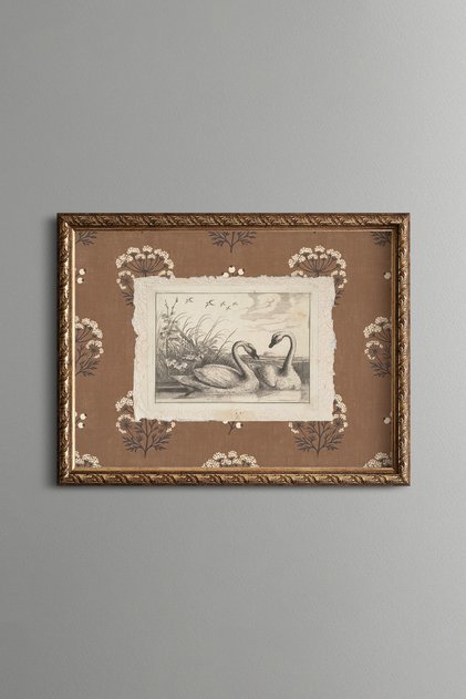 Swan Illustration among Floral Motifs - Vintage Patterned Painting - Fine Model