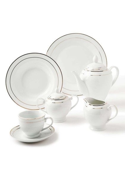56 Piece Porcelain Dinner Set - Dishes, Plates - Dinner Plate, Side Plate, Bowl, Cups, Serving Dish And Bowl - Serves 6 - Festive Design White/Gold Line White/Gold Line