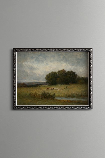 Herds Grazing under a Big Tree - Vintage Patterned Painting - Fine Model