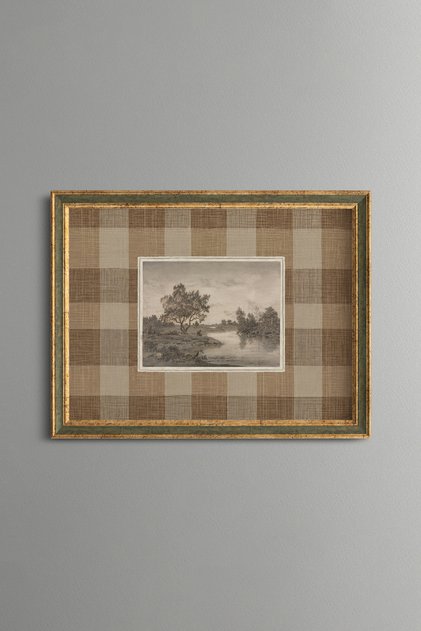 Small Rural Scene on Plaid Background - Vintage Patterned Painting - Fine Model