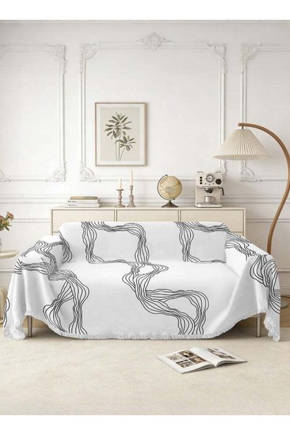 Chenille Sofa Cover, Slipcover, Universal Fit for 1,2,3 & 4 Seater, Modern Pattern, Size 180 x 260 cm - Black & White