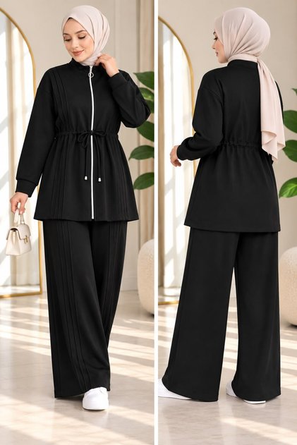 Women's Lalin Detailed Waist Drawstring Hijab Pants Set Black