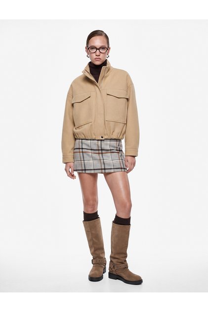 Pocketed Stand Collar Long Sleeve Drawstring Zippered Cashmere Jacket