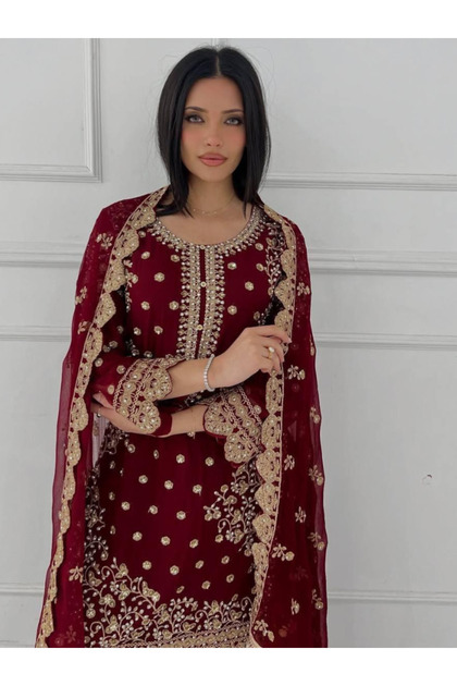 Maroon Faux Georgette Salwar Kameez Dupatta - HRT5926 | Maroon-Size:5XL-50-Inches