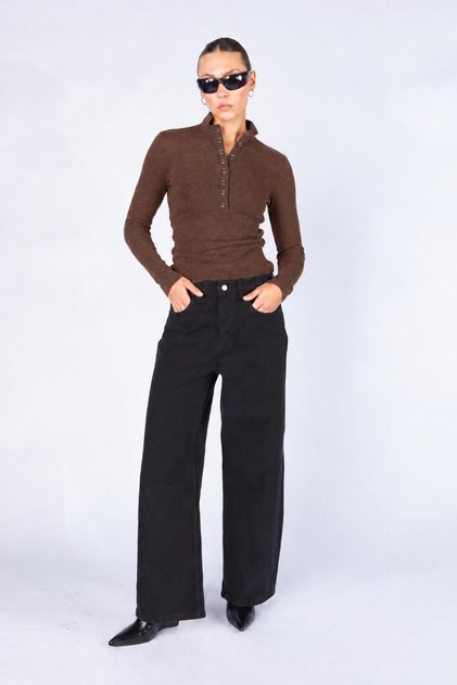 Women's Coffee Color Crew Neck Camisole Blouse with Snap Detail on the Front