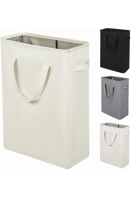 Slim Laundry Hamper With Handles Collapsible Small Laundry Basket Thin Dirty Clothes Basket Narrow Laundry Bag Foldable Dirty Cloth Hamper 45L (21 inches,Beige)