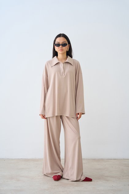 Women's Shirt Collar Ribbed Suit Cream