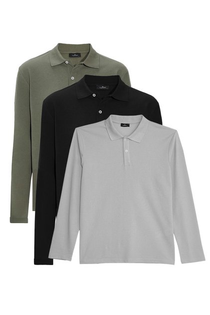 Erkek 3'lü Pkt Haki-Siyah-Gri Standart Fit Normal Kesim Pamuklu Pike Polo Yaka Sweatshirt
