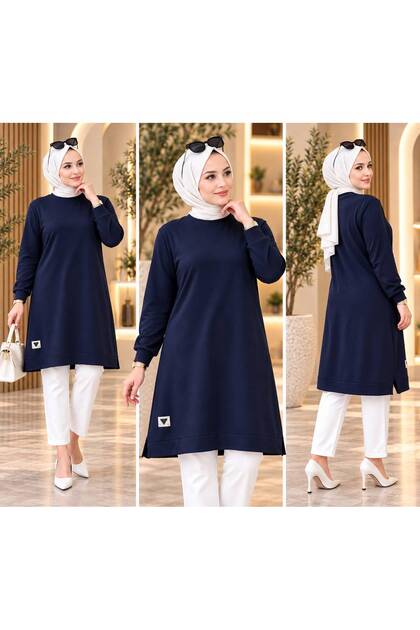 A-Cut Round Necklace Cristal Fabric Slitted Women's Tunic