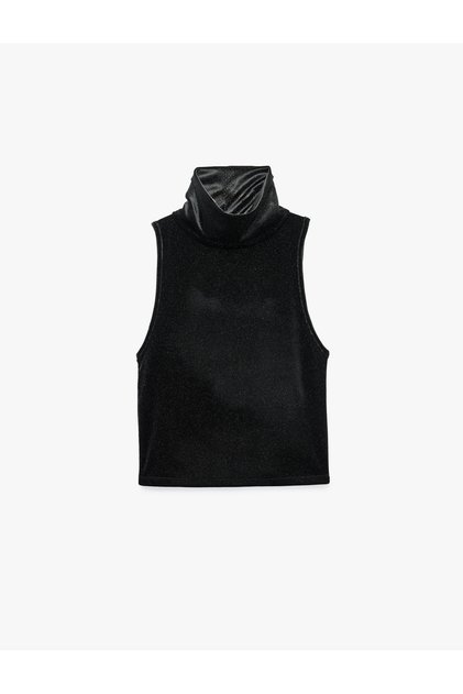 Loose Cut Sleeveless High Neck Velvet Glitter Blouse