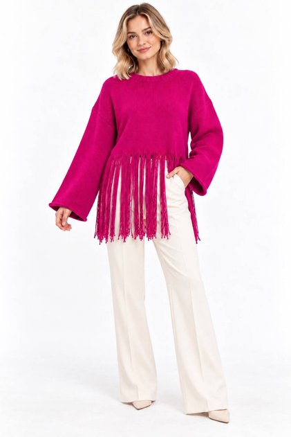 Women's Soft Textured Crew Neck Long Sleeve Tasseled Oversize Knitwear Sweater