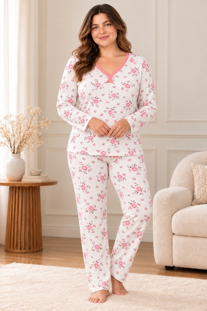 Mother's Pajama Set Winter, Ribbed, V-Neck, Long Sleeve, 100% Combed Cotton, 30/2 Combed, Without Pockets, Dusty Rose