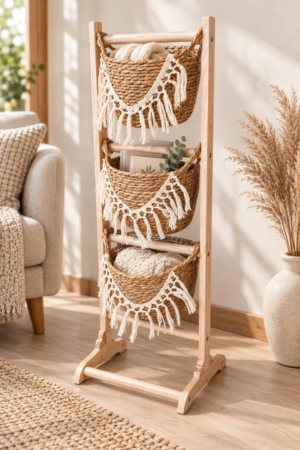 Macrame Detailed 3-Piece Hanging Macrame Organizer Basket Set – Bohemian Bathroom and Living Space Organizer with Stand