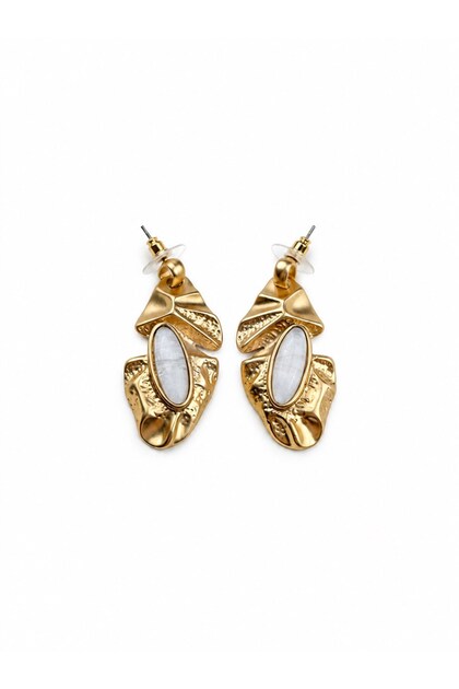 Oval Detailed Embossed Textured Gold Earrings