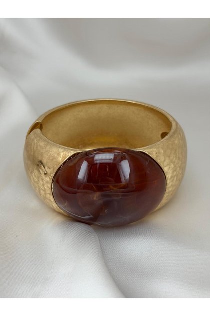 Gold Renk Eskitme Dokulu Taş Detaylı Kalın Geniş Modern Şık Kadın Bileklik