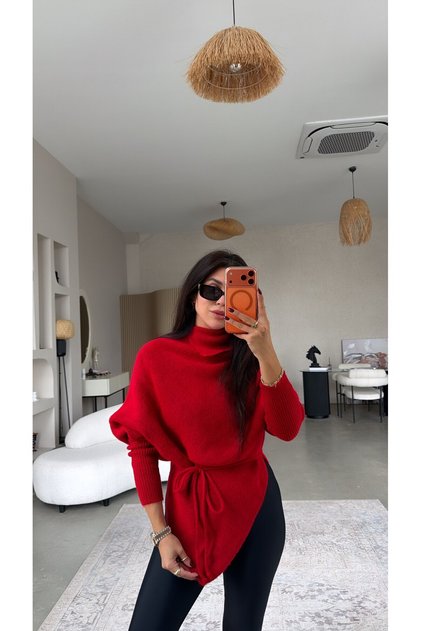 Kırmızı Bağcıklı Asimetrik Balıkçı Triko