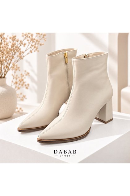 Yona Women's Beige Leather Pointed Toe Front Stitching Detailed Zippered Warm Lined 7 cm Thick Heeled Boots