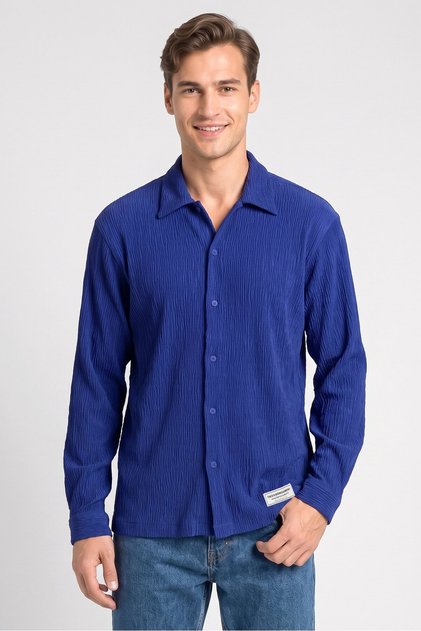 Men Spread Collar Long Sleeve Textured Casual Shirt, Royal Blue