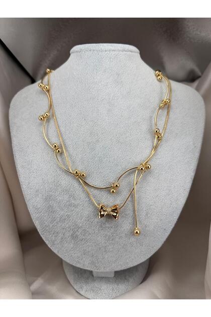 Asymmetrical Stylish Women's Necklace with Bow Figure and Double Chain Bead Detail