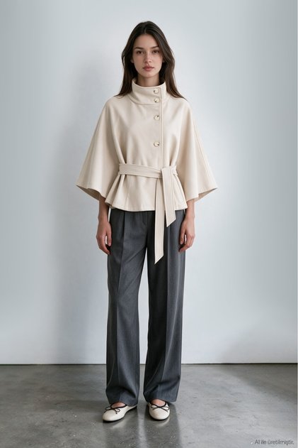 High Collar Belted Detailed Coat - Ecru