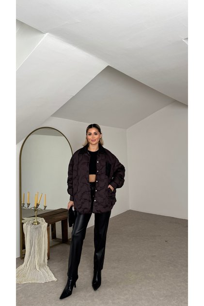 Leather Collar Detail Puffer Coat