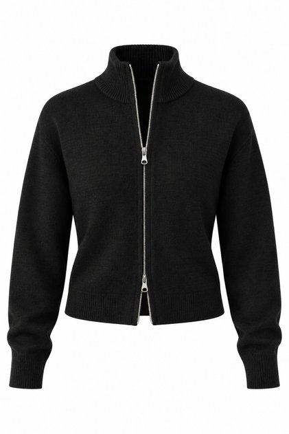 Black Cotton Double Zipper Cardigan - 2Y0657