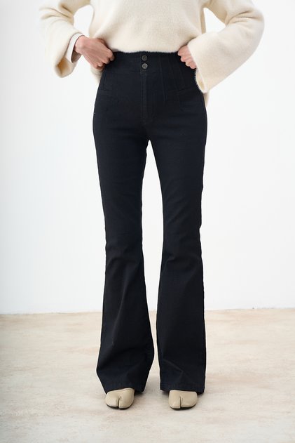 Women's Vertical Stitching Detailed Spanish Flare Jeans Navy Blue