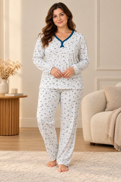 Mother's Pajama Set Winter, Ribbed, V-Neck, Long Sleeve, 100% Combed Cotton, 30/2 Combed, Without Pockets, Emerald Green