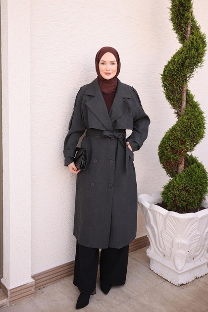 Anthracite Double-Breasted Collared Buttoned Lined Trench Coat
