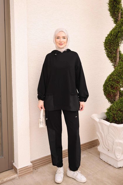 Black Hooded Cupra Garnished Tunic and Pants Set