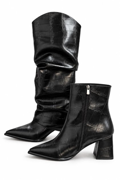 Women's Black Patent Leather Slip-On Crocodile Heeled Boots