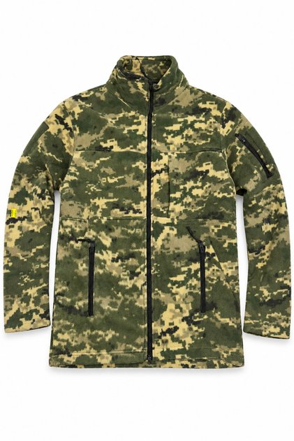 Camouflage Patterned Fleece Coat Green Full Zipper with Pockets Stand Collar