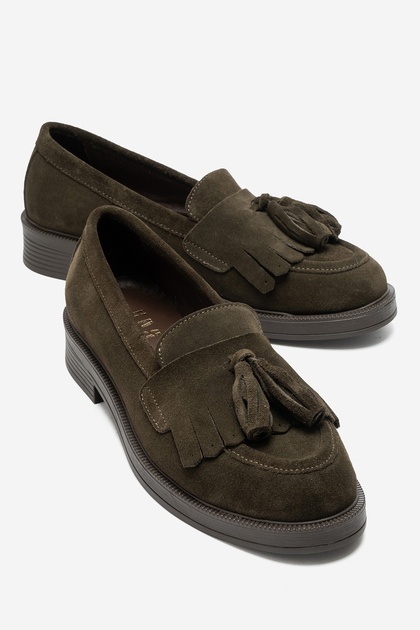 Miliina Green Suede Tasseled Genuine Leather Women's Loafer Shoes