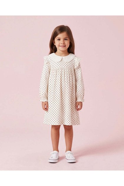 Girls White Printed Long Sleeve Dress