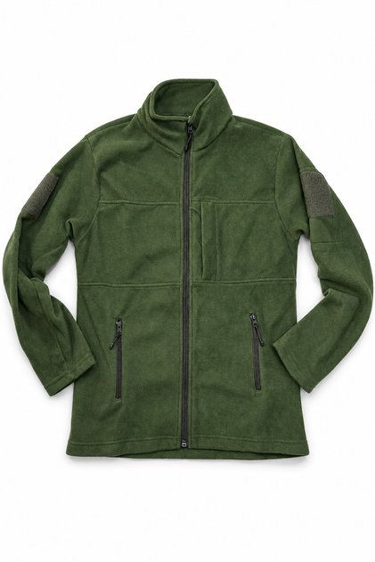 Khaki Green Fleece Coat with Full Zipper, Stand Collar, Pockets and Velcro for Outdoor Use