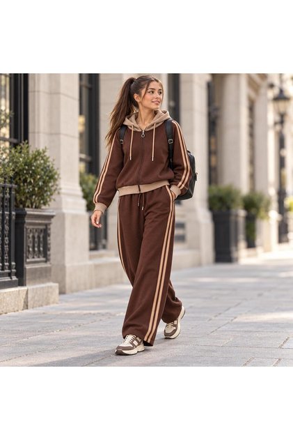 Women's Hooded Stripe Detailed 3 Thread Raster Detailed Top and Bottom Tracksuit Set Mta031