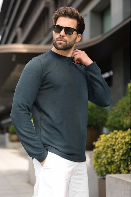 Petrol Blue Crew Neck Ribbed Men's Sweatshirt E7215