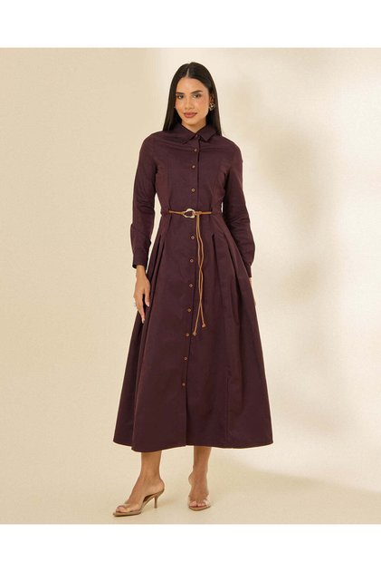 Women Burgundy Belted Maxi Dress