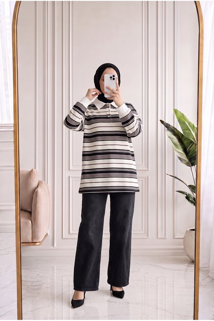 Gülnisa Multi Striped Polo Collar Skuba Sweat-Na943.1 Black