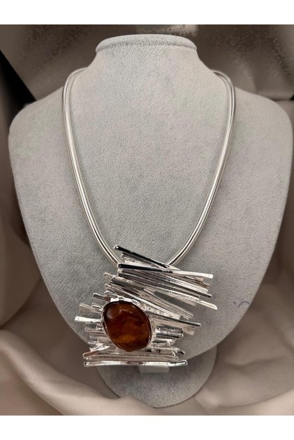 Snake Chain Brown Stone Detailed Geometric Bar Design Women's Necklace