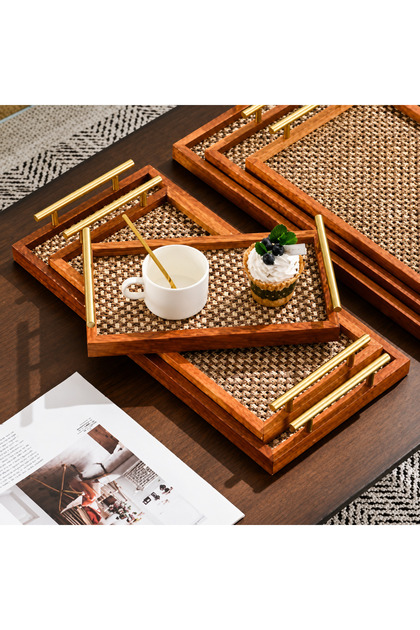 Ert-Bmb-210 Luxury Bamboo Presentation Tray with Handle Japanese Model Set of 3