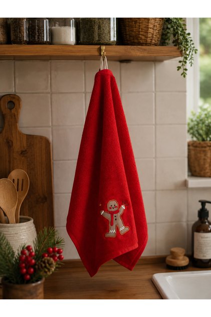 Yılbaşı Temalı Kurabiye Adam Nakışlı Kırmızı El Havlusu 30×50 cm