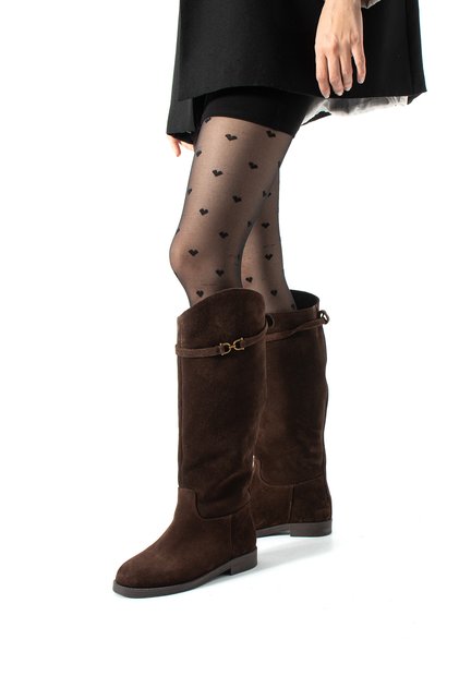 Justin Genuine Leather Women's Buckle Riding Boots Flat Sole Below the Knee Boots