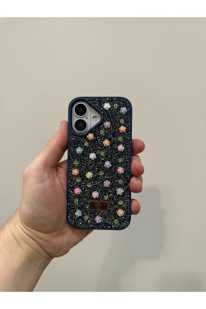 iPhone 17 Compatible Dark Blue Color Sparkling Crystal Stone 3D Flower Pattern Luxury Phone Case