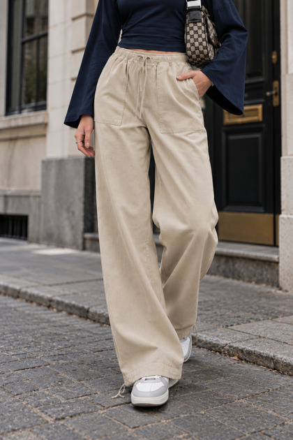 Women's Beige Relaxed Draped Trousers with Pockets